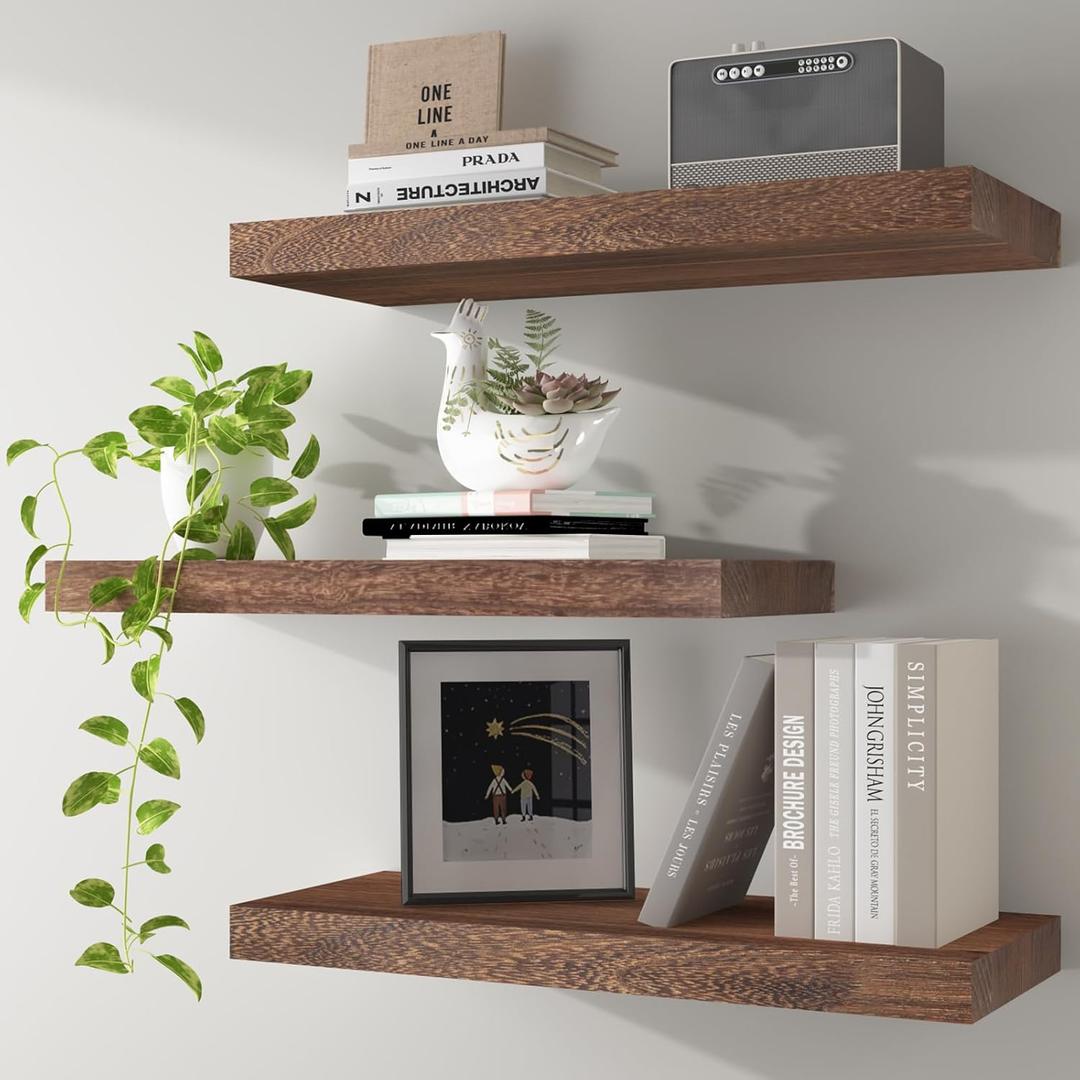 Floating Shelves 24 Inch Wall Shelf Solid Wood Mounted Storage for Bedroom Living Room Set of 3, Rustic Brown all Shelves