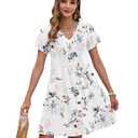PLOKNRD Women's Casual Dress Summer Short Sleeve T-Shirt Dress Crew Neck Basic Dresses 2025 (White Flower. XXL)