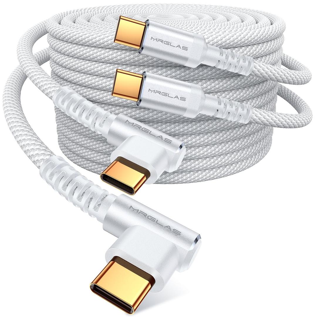 MRGLAS 2-Pack 240W USB C to USB C Cable Fast Charge (6.6ft), USBC to USBC Right Angle Cord Charger for iPhone 17 16 Pro Max, MacBook Pro 2020, iPad Pro 2020, iPad Air 4, Samsung Galaxy S25+/S25 Ultra (White)