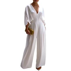 CHICME Women's V-Neck Half Sleeve Ruched Jumpsuit Casual Flowy Wide Leg Pants One Piece Jumpsuit Small, White