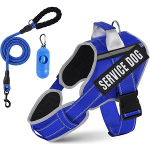Neck Padded Dog Vest Harness and Leash Set, No Pull Adjustable Service Pet Harness with 8 Dog Patches, Reflective in Training Easy Control Pet Vest with 5ft Dog Leash for Small, Medium & Large Dogs (Blue)