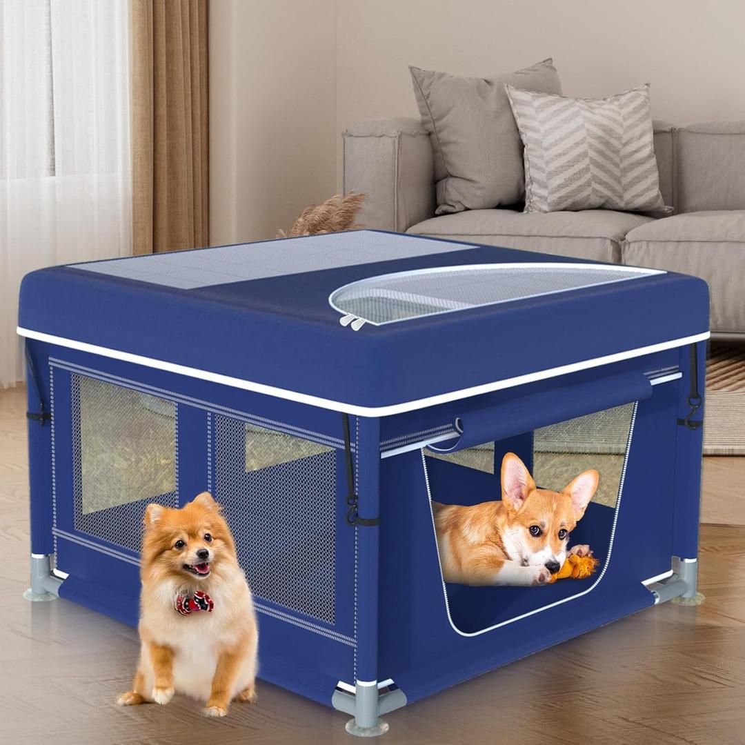 Dog Playpen 42  42 Inch, Puppy PlayPen with Gate for Puppies, Cat, Small and Medium Dogs, Pet PlayPen with Roof for Outdoors & Indoors, Thickened Fabric, Safe & Sturdy Dog Fence (Blue)