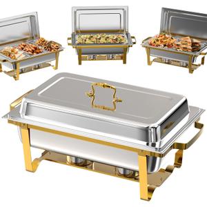 Amhier Chafing Dishes for Buffet 4 Pack, 9QT [Multiple Food Pans Combo] Chafing Dishes with 2 Full Size + 2 Half Size + 3 Third Size Pans, Chafing Dish Buffet Set for Parties and Wedding, Gold