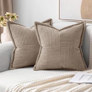 MIULEE Light Brown Corduroy Pillow Covers 18x18 Inch with Splicing Set of 2 Soft Boho Striped Pillow Covers Broadside Decorative Textured Pillowcases for Couch Cushion Bed Livingroom