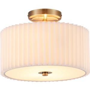 VONLUCE Semi Flush Mount Ceiling Light, 12.2'' Ceiling Light Fixture with Pleated Shade, 2-Light Modern Drum Light Fixture for Bedroom Living Room Entryway Hallway, White Shade & Bronze Finish