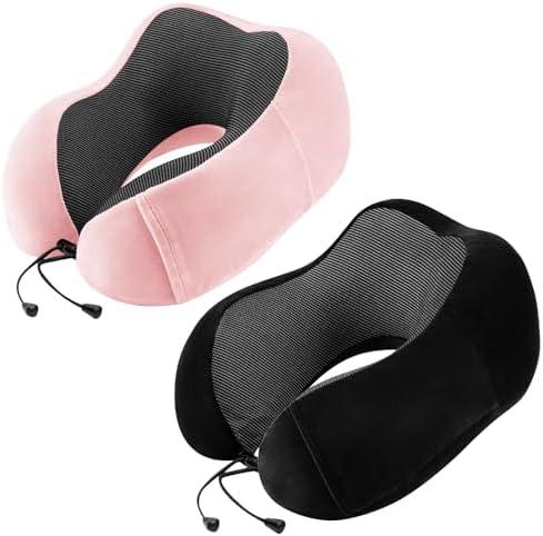 Urnexttour Neck Pillow Airplane-2 Pack Memory Foam Travel Pillow, Soft Support Travel Neck Pillow for Travelling, Sleeping Rest, Car, Train and Home Use (Black & Pink)