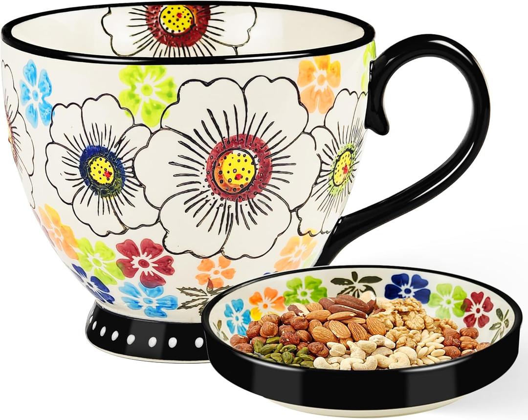 JUSONEY 18OZ Handpainted Ceramic Soup Bowls with Snack Serving Tray,with Vintage Floral Embossed Design Microwave Safe, Large Handle & Thick Base, Perfect for Cereals, Fruits,Soup,nut,Snack etc.(B)