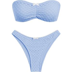 ZAFUL Women's Strapless Bikini Openwork Textured Bow Ruched Lace Up High Cut Bandeau Swimsuit Bathing Suits (0-a-light Blue)