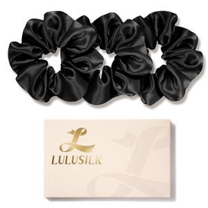 LULUSILK Silk Scrunchies for Hair Sleep, 100% Real Mulberry Silk, No Damage Hair Ties for Women and Girls, Classic Black, Pack of 3