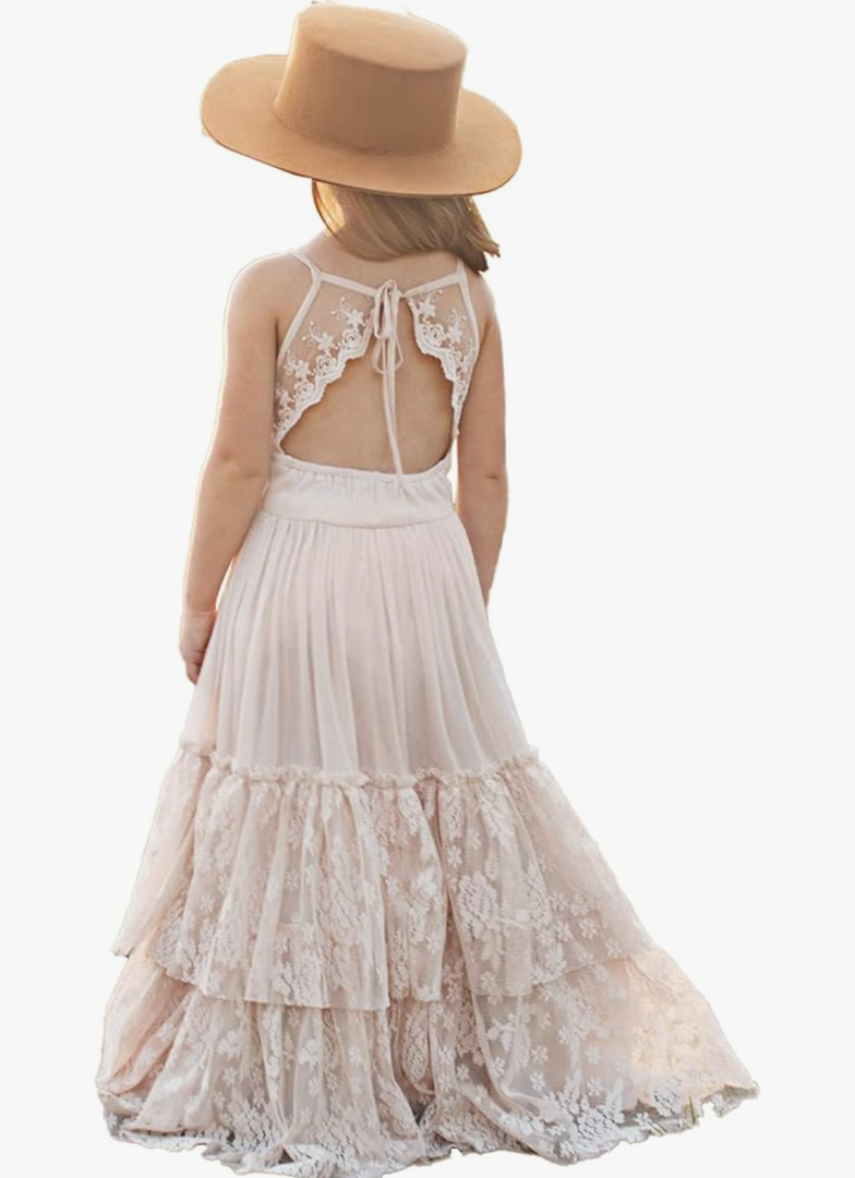 BIBIHOU Girls Kids Lace Back Full-Length Backless Tulle Party Holiday Formal Flower Girl Dress, Size 6 years