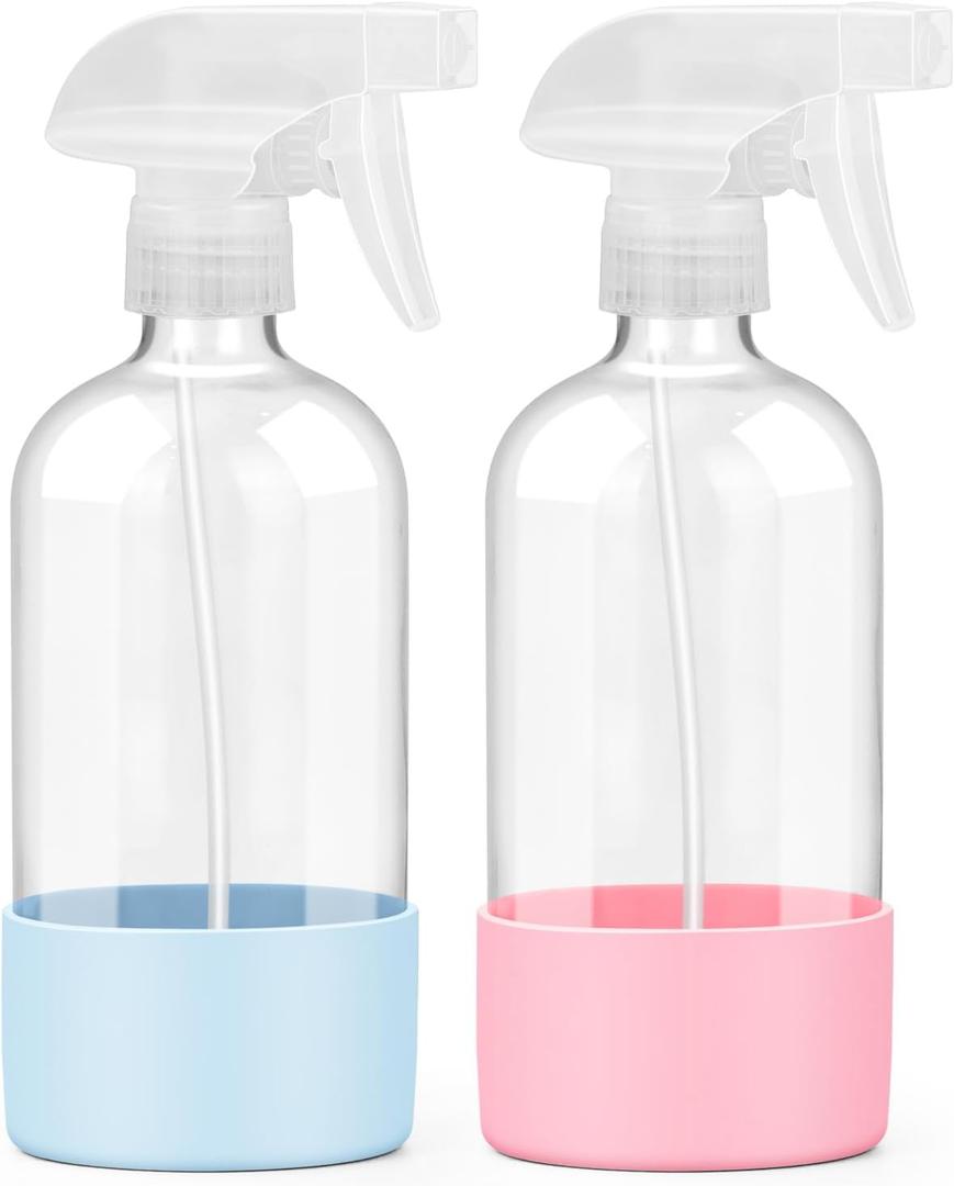 2 Pack Glass Spray Bottles with Silicone Sleeve, 16 oz Empty Refillable Containers with Adjustable Spray Nozzles, Spray Bottles for Hair, Cleaning Solutions and Plants Blue&Pink