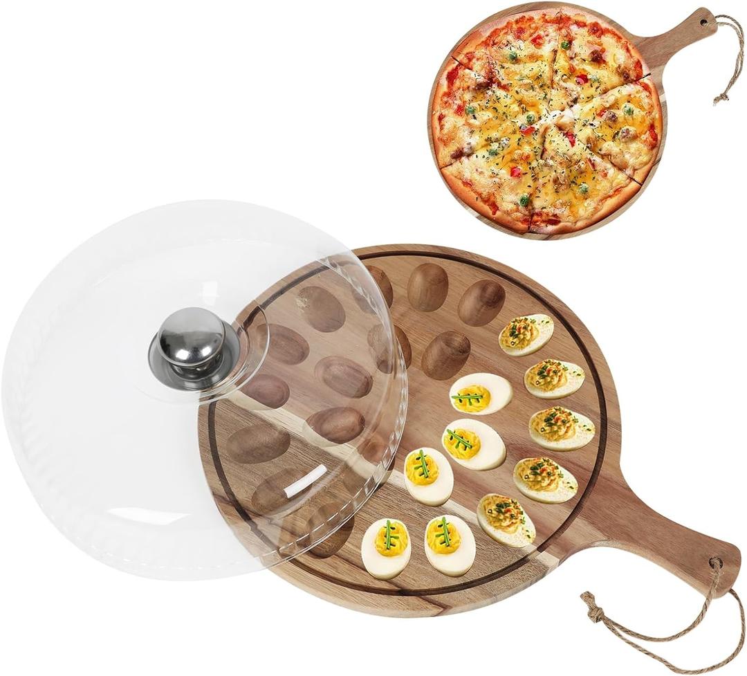 Easter Deviled Egg Platter with Lid and Handle Wooden Deviled Egg Tray Deviled Egg Tray Container Reversible Charcuterie Board Deviled Egg Holder for Home Kitchen Party Supplies (Round)