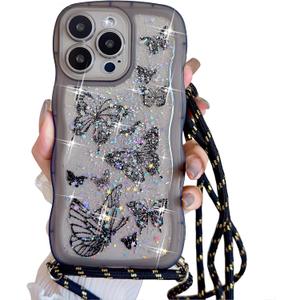 Crossbody Case for iPhone 15 Pro Max 6.7'' with Detachable Lanyard, Hands-Free Bling Glitter Silicone Clear Cute Butterfly Curly Wave Woman Girls Cover with Adjustable Necklace Rope, Black