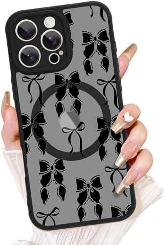 AIGOMARA for iPhone 16 Pro Case, Compatible with MagSafe, Cute Bowknot Pattern with Semi-Transparent Frosted Phone Case for Woman Gilrs Soft TPU and PC Back Protective Slim Phone Cover Black