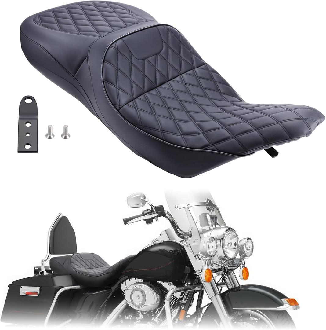 Motorcycle Complete Seat Cushion Pad for Harley Touring Electra Glide 1997-2007 Standard/Classic/Ultra Classic, Leather Two-Up One-Piece Seat for Road Glide 1998-2007 (Diamond)