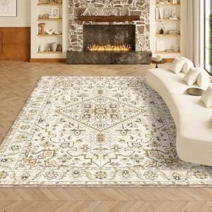 VK VK·LIVING 8x10 Area Rug Washable Rugs for Living Room Rug Vintage Design Boho Rug with Non Slip Living Room Rug Bedroom Carpet Stain Resistant, Home Decor, Beige