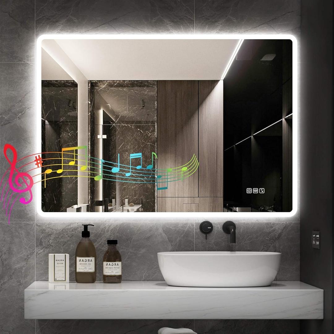 STARLEAD 24"x32" LED Bathroom Mirror with Bluetooth Speaker, 3 Color Temperature, Stepless Dimming, Anti-Fog, Touch Control, Wall-Mounted Vanity Mirror, Vertical or Horizontal (Silver-rectangular)