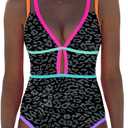 Popvil Women One Piece Swimsuit 2026 Tummy Control Sexy Cutout Neon Color Block Bathing Suit Slimming Adjustable Swimwear, XL