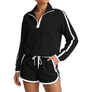 Fisoew Womens 2 Piece Outfits Sets Zip V Neck Long Sleeve Pullover Tops Shorts Casual Tennis Running Tracksuits (X-Large, Black)