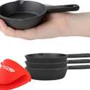 Modern Innovations Mini Black Cast Iron Skillet Set with Silicone Mitt (4 Count) - 3.5 Inch Pans, Pre Seasoned Small Skillets for Baked Cookie/Brownie or Cooked Eggs