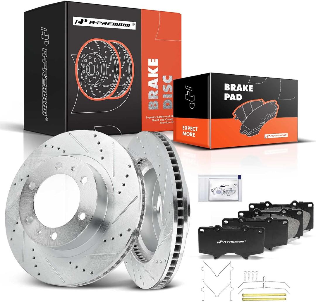 A-Premium 12.56 inch(319 mm) Front Drilled and Slotted Disc Brake Rotors + Ceramic Pads Kit Compatible with Select Toyota Models - 4Runner 2003-2009, FJ Cruiser 2007-2014, Tacoma 2005-2021, 6-PC Set