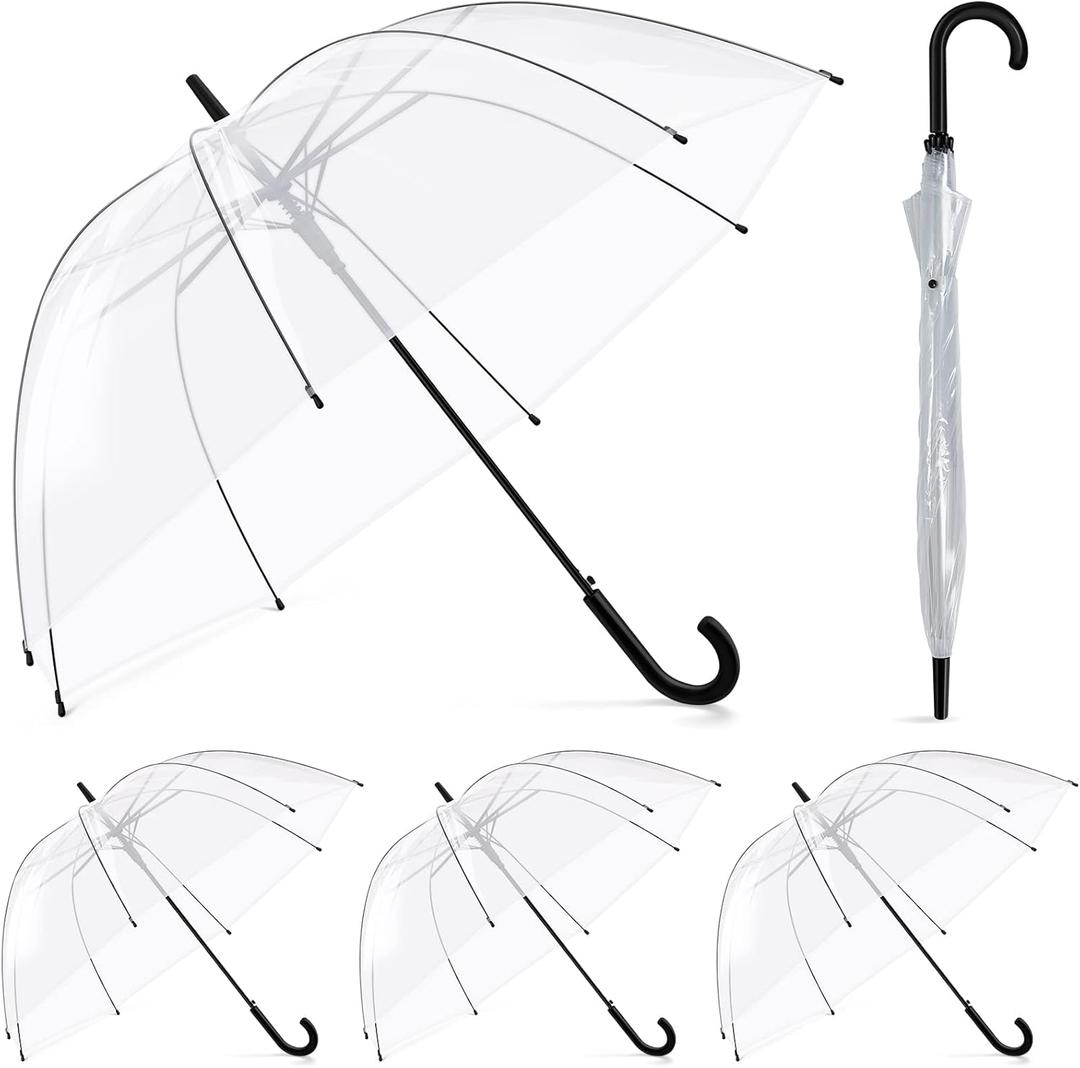 Fabbay 4 Pcs Clear Umbrella Auto Open Dome Windproof Umbrella with J Hook Handle for Wedding Graduation Events (34.64 Inch, White Handle)