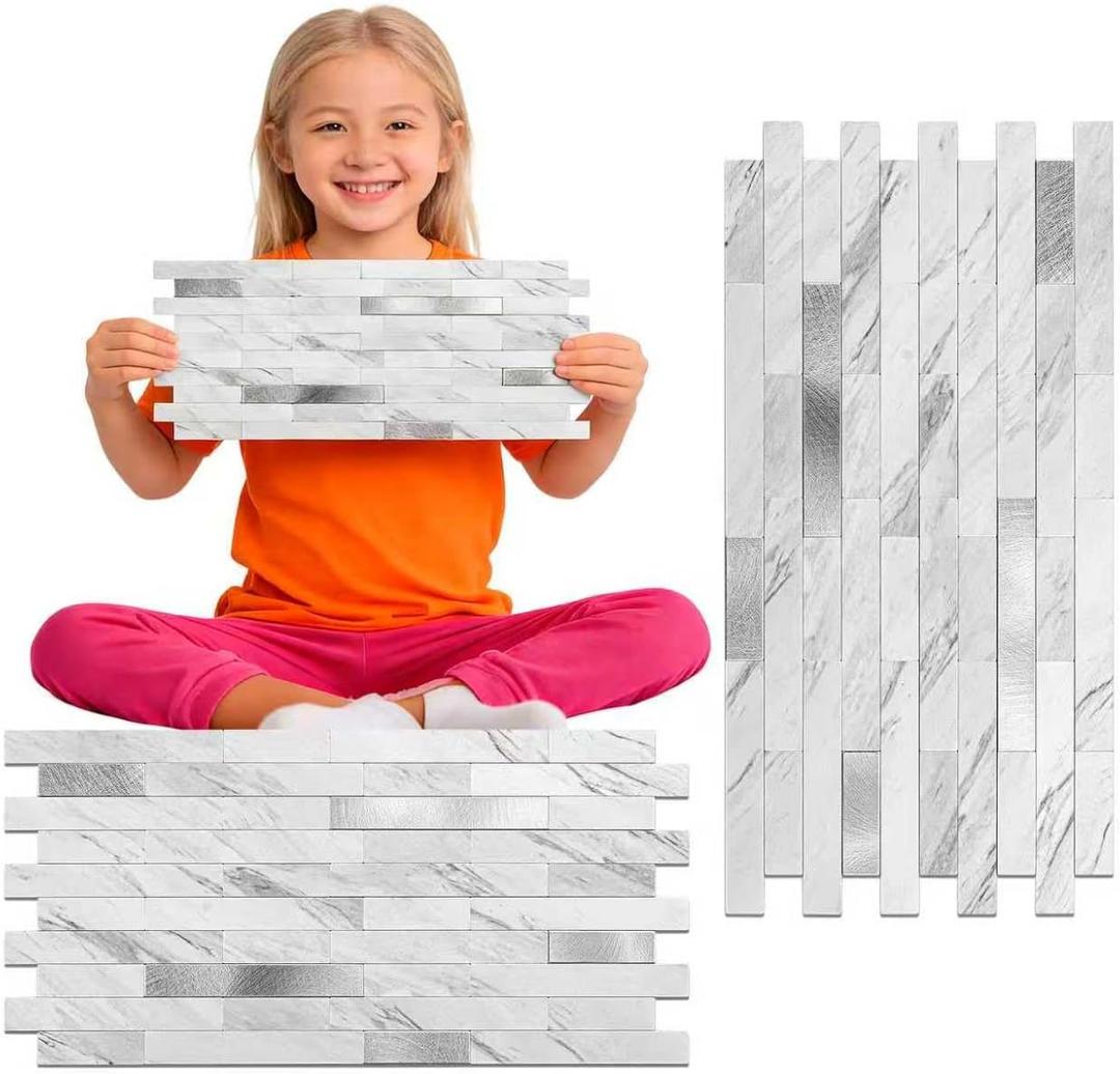 Peel and Stick Backsplash Tile Waterproof Removable PVC Wall Sticker 3D Faux Stone Marble Brick White Accent Panels (White Marble - Metal Silver, 20 Tiles - 9 sq. ft. (0.84 m))