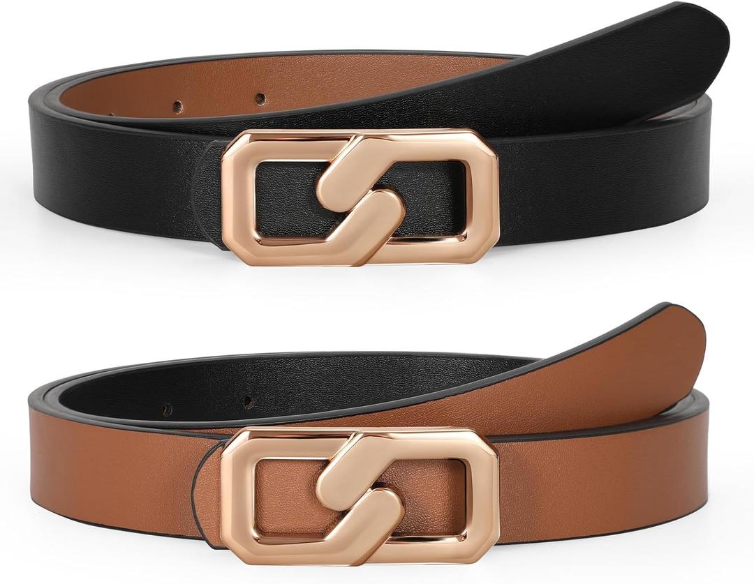 TRIWORKS Women Reversible Leather Belt for Jeans, Ladies Waist Belt with Gold Buckle 0.9" Width (Black)
