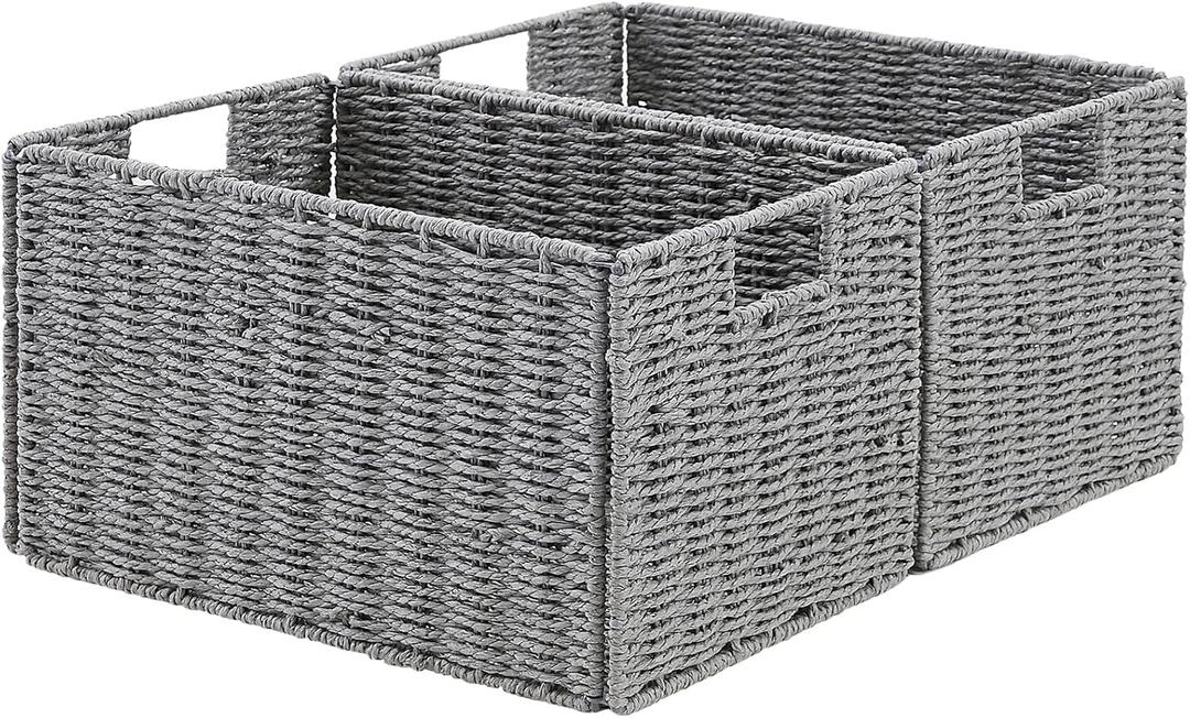 Vagusicc Wicker Storage Basket, Set of 2 Hand-Woven Paper Rope Wicker Basket, Small Storage Baskets for Organizing Toilet Paper Basket, Foldable Large Cube Storage Organizer Bins for Shelves (Grey) (15.2"D x 10"W x 8.6"H)