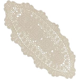 Phantomon Oval Lace Table Runner Doilies Floral Table Scarf Furniture Cloth Cover Handmade Crochet Placemats, 100% Cotton (Beige Oval, 12x24 Inch)
