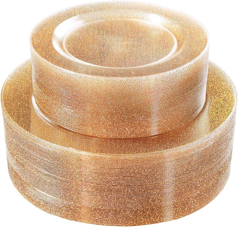 WDF 120PCS Gold Plastic Plates- Disposable Gold Glitter Plates, Premium Heavy Duty 60-10.25" Dinner Plate and 60-7.5" Salad Plate for Wedding Baby Shower Spring Birthday