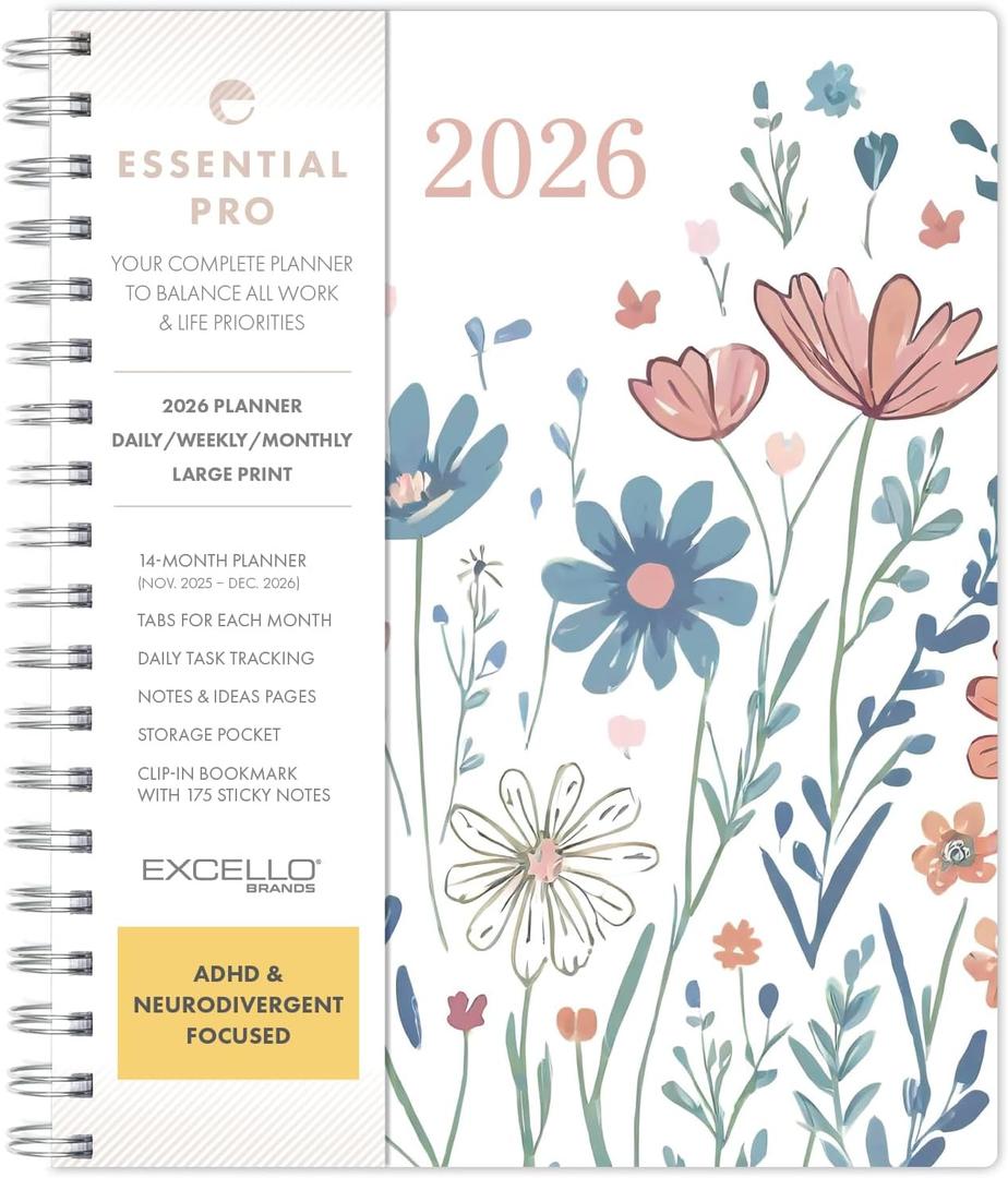 Essential PRO 2026 Daily, Weekly & Monthly Planner, 7"x9": 14 Months (Nov 2025 - Dec 2026) Monthly Tabs,Daily Tracking,Notes Pages,Storage Pocket,Bookmark w Sticky Notes (Colorful Botanicals)