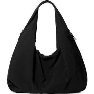 Slouchy Tote Bag Nylon Solid Pleated Handbag Large Hobo Bags for Women Multipockets Crescent Shoulder Bag (Black)