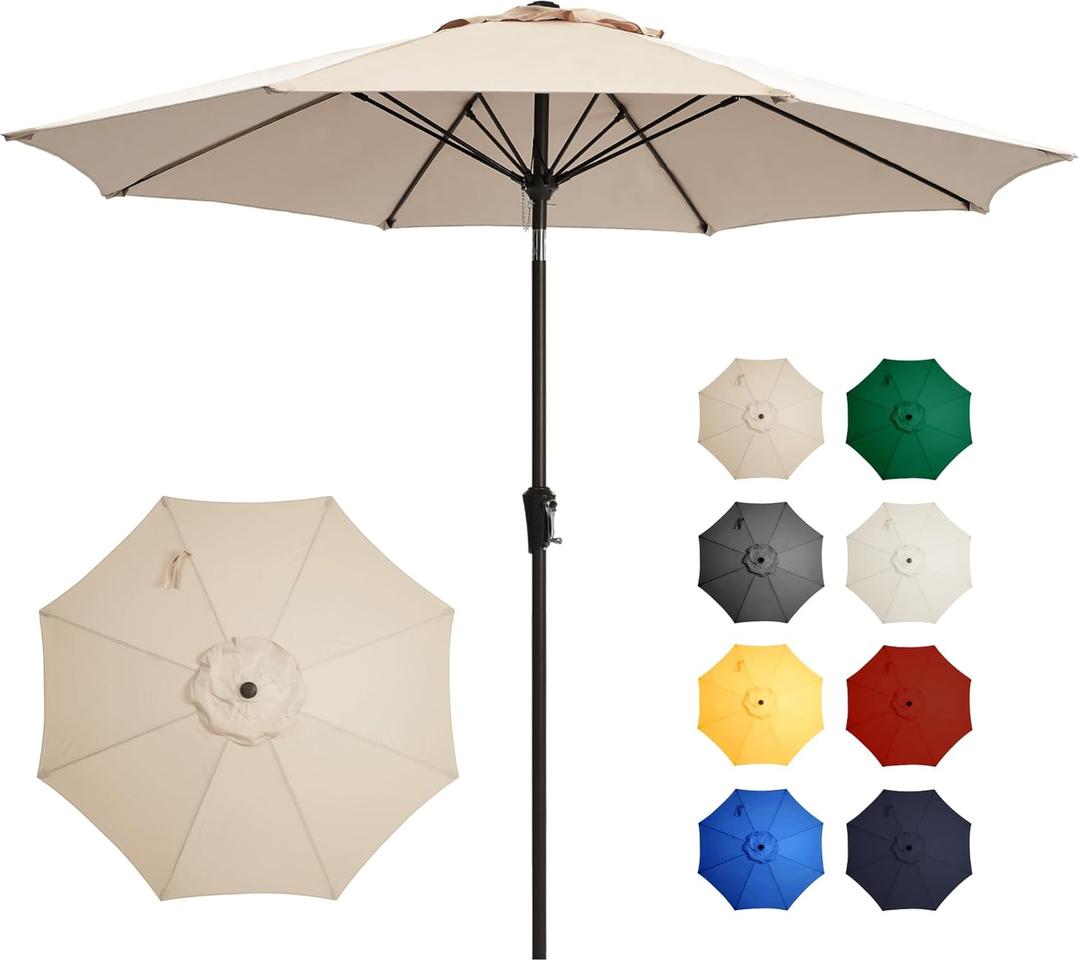 Ayge 9FT Large Outdoor Patio Umbrella Market Table Umbrella-UV Resistant, Easy Push Button Tilt and Crank, 8 Sturdy Fiberglass Ribs Heavy-Duty Pool Umbrella for Deck, Backyard,Garden, Beige