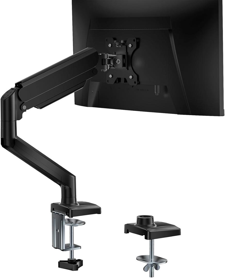 WALI Single Monitor Mount, Gas Spring Monitor Arm for 17-34 inch Screens, Adjustable Computer Monitors Stand up to 26.4lbs, with Clamp and Grommet Base, Mounting Holes 75 and 100mm (GSMP001N), Black (Single, Black)