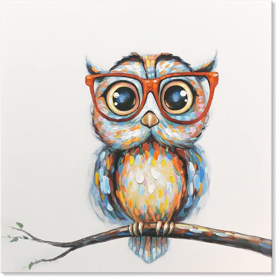 JAPO ART Mrs Owl Wall Art Funny Animal with Glasses Painting Colorful Animal Canvas Wall Art for Kids Children Bedroom Nursery Room Home Decoration Ready to Hang 24x24 Inch (24L" x 24W")