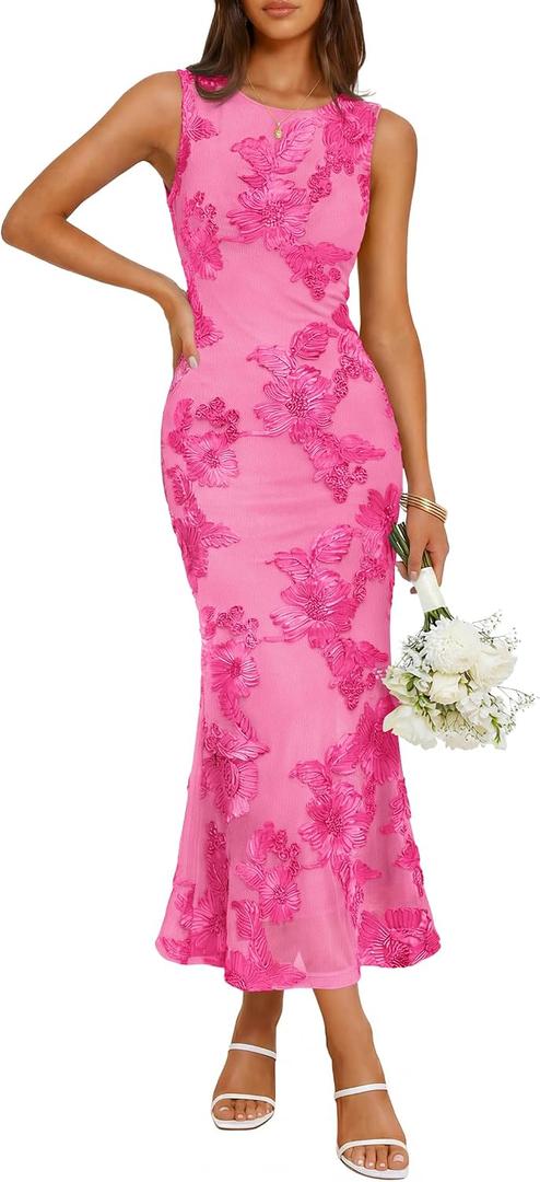 ZESICA Womens 2026 Summer Floral Wedding Guest Midi Dress Sleeveless Mesh Slit Bodycon Formal Cocktail Party Dresses (Pink, S)