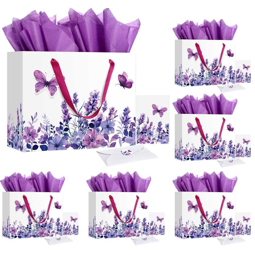 Kolldenn 6 Sets Butterfly Gift Bags 13" Large Purple Gift Bag with Greeting Card and Tissue Paper for Women Wedding Bridal Baby Shower Birthday Decorations Party Supplies