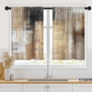 Brown Beige Painting Kitchen Curtains 36 Inch Length Abstract Window Short Tier Curtains Over Sink Set of 2, Grey Contemporary Vintage Small Kitchen Decor 26x36 Inch