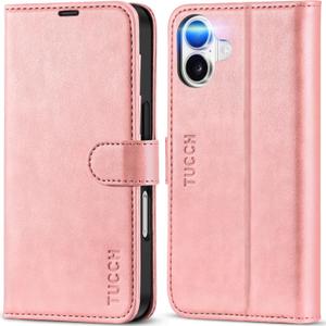 TUCCH Wallet Case for iPhone 16 6.1-inch 5G, [TPU Shockproof Inner Shell] PU Leather [RFID Blocking] 4 Credit Card Holder Magnetic Kickstand Flip Cover Compatible with iPhone 16 2024, Rose Gold
