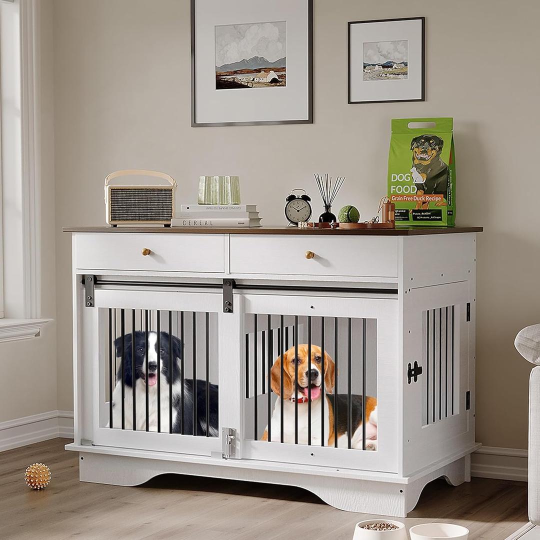 Dog Crate Furniture for 2 Dogs, 47" Double Dog Kennel with Removable Divider and 2 Drawers, Decorative TV Stand Side Table, Indoor Pet Cage for Large/Medium/Small Dogs White