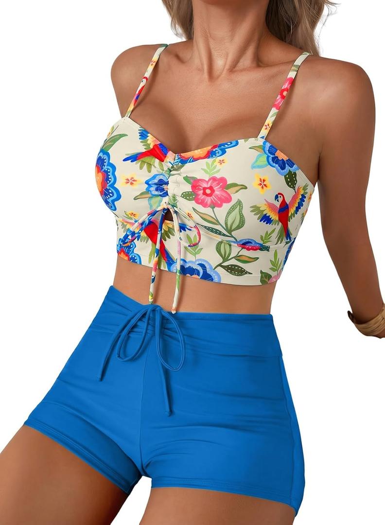 Herseas High Waisted Bikini Sets for Women Floral Print Two Piece Tummy Control Swimsuits Drawstring Short Bathing Suit M