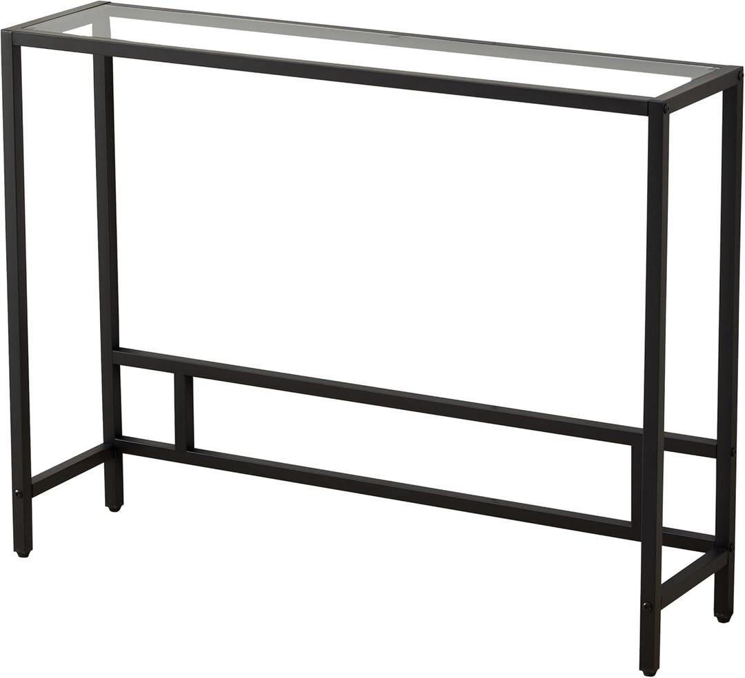 MAJARO Small Modern Console Table for Entryway, Tempered Glass with Metal Frame Sofa Table for Living Room, Hallway, Office (Single-Layer, Black)