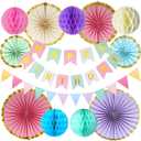 Pastel Birthday Party Decoration, Macaron Happy Birthday Party Decoration for Girls Women with Happy Birthday Banner Bunting Hanging Paper Fans, Girl Woman Pastel Birthday Honeycomb Decoration, Multicolor 