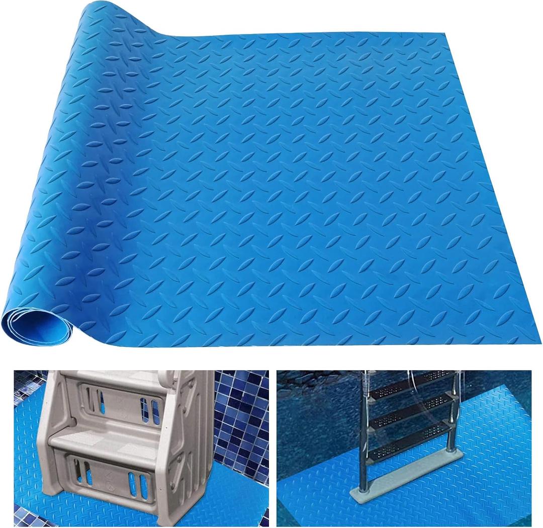 2Pcs Large Swimming Pool Ladder Mat, 17"x38" Protective Non-Slip Pool Step Pad with TextureProtective Ladder Pad for Above Ground Swimming Pools Liner and Stairs (Blue)