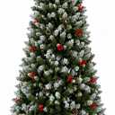 7FT Pre-Lit Artificial Christmas Tree, Snow Flocked Hinged Pine Tree with Warm White Lights, Red Berries & Pine Cones, Full Realistic Xmas Tree for Holiday Indoor Home Office Christmas Decorations