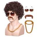ColorGround 3-Pieces Chain and Moustache and Short Curly Wig for 70'S Disco Party (Brown Curly (4 Pieces Set)