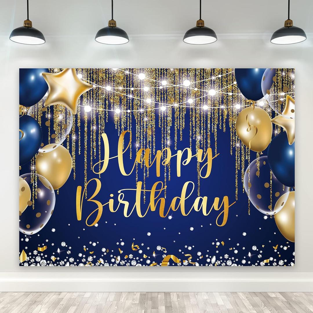 Riyidecor Blue Gold Happy Birthday Navy Royal Backdrop 7Wx5H Feet Polyester Fabric Men Boy Golden Dot Balloon Diamond Sparkle Cool Bday Party Photography Background Decorations Banner Photo Shoot
