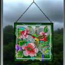 Stained Glass Window Hanging, Hand-Painted Suncatcher with Chain, Sunflower Butterfly and Hummingbird Hibiscus, Round, 7 Inch, Nature Theme, Home Decor Gift (Hummingbird)