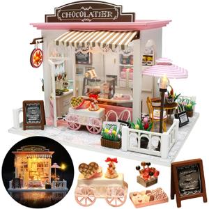 Miniature House Kit, Miniature Dollhouse for Beginners, DIY Dollhouse Kit for Adults to Build, Model Building Craft Diorama Kit, Ideal Gifts for Birthday Christmas Valentine(Chocolate Shop)